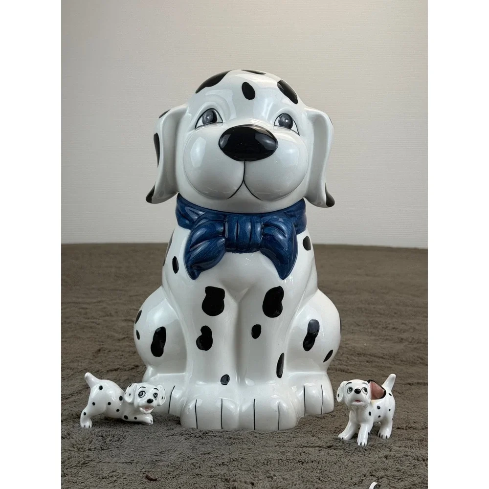 Vintage Dalmatian Ceramic Cookie Jar with‎ 2 Puppy Figurines Blue Bow Set